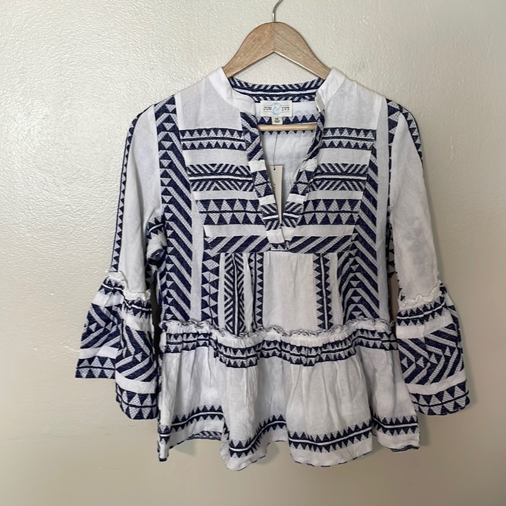 Women's White and Navy Embroidered Peasant Top